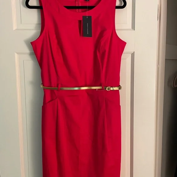 slim fit dress slacks Red Georgette Hand Embellished Drape Gown with Belt-WRK440 – Women Republic main image 0